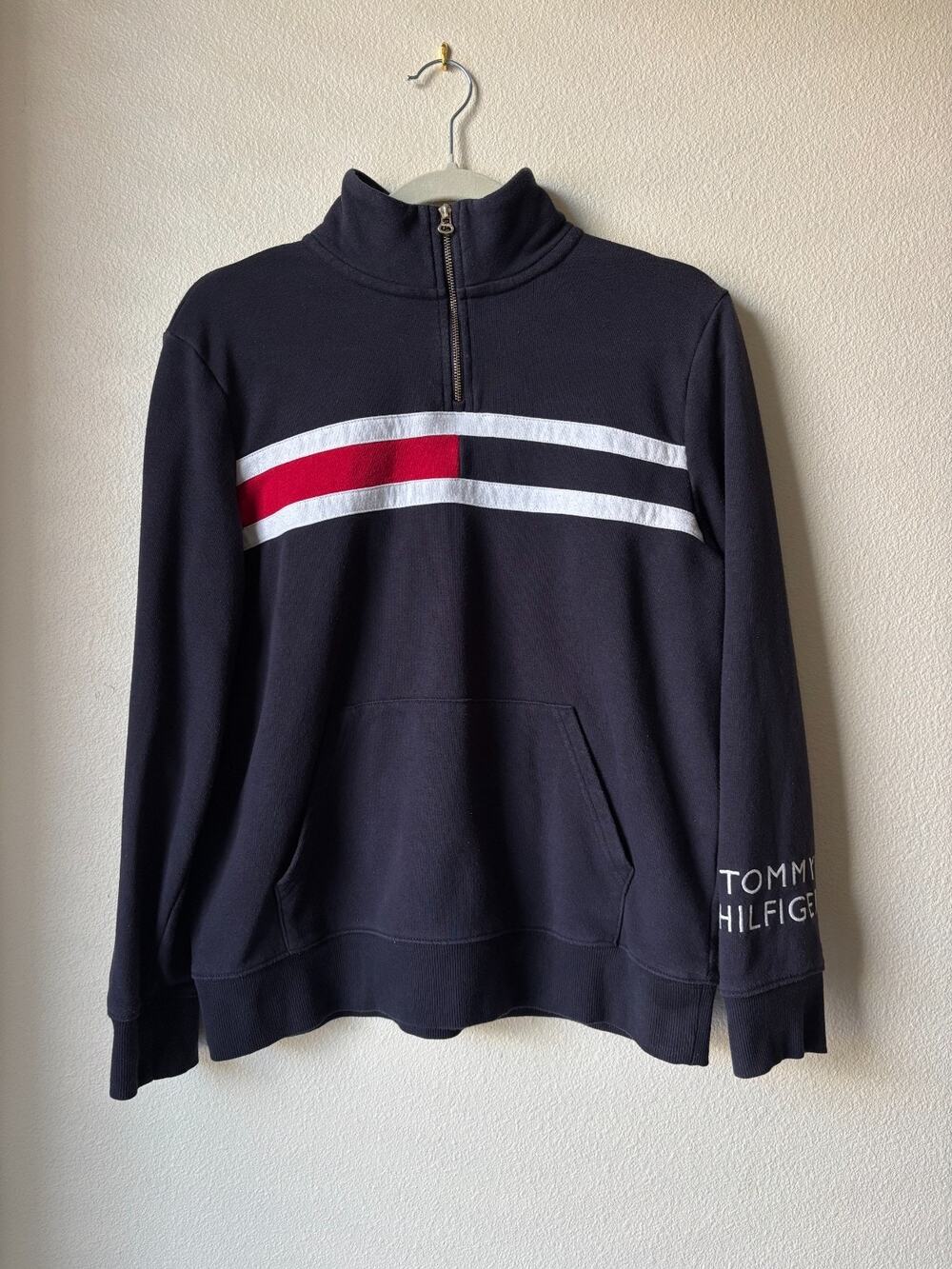 Tommy Hilfiger Flag Quarter Zip Pullover Sweatshirt Mens Navy Blue Streetwear